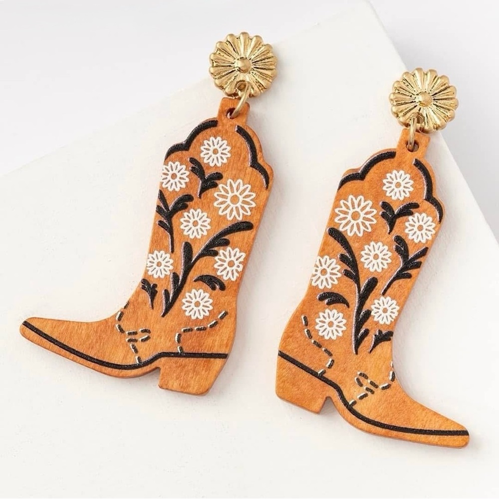NEW Wood Floral Cowboy Boot Earrings